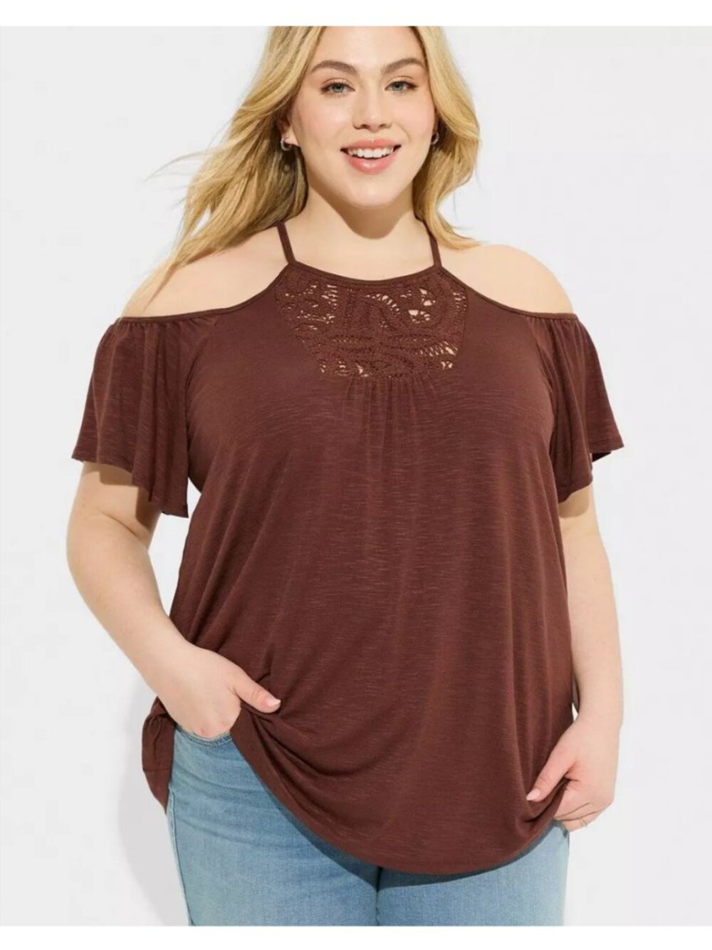 Torrid 1 Mahogany Super Soft Slub High Neck Crochet Cold Shoulder Top 1X 14 16